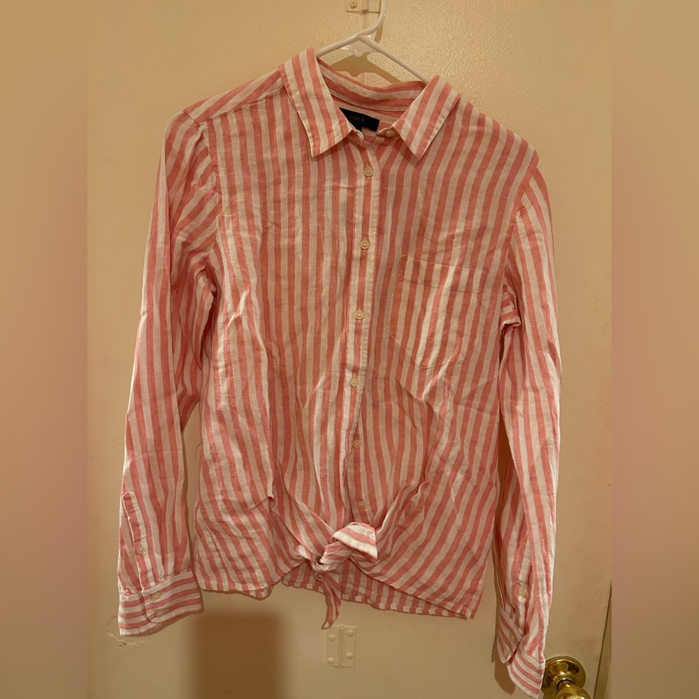 NWT J. Crew pink and White Striped Button-Down tie front line. Shirt - 6